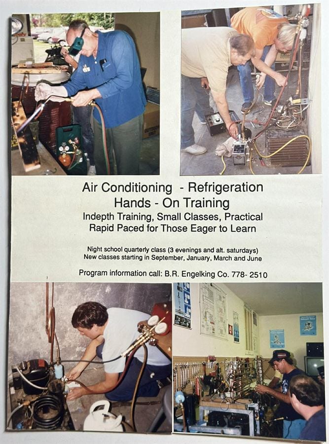 Vintage HVAC School flyer advertising hands-on evening training in air conditioning and refrigeration