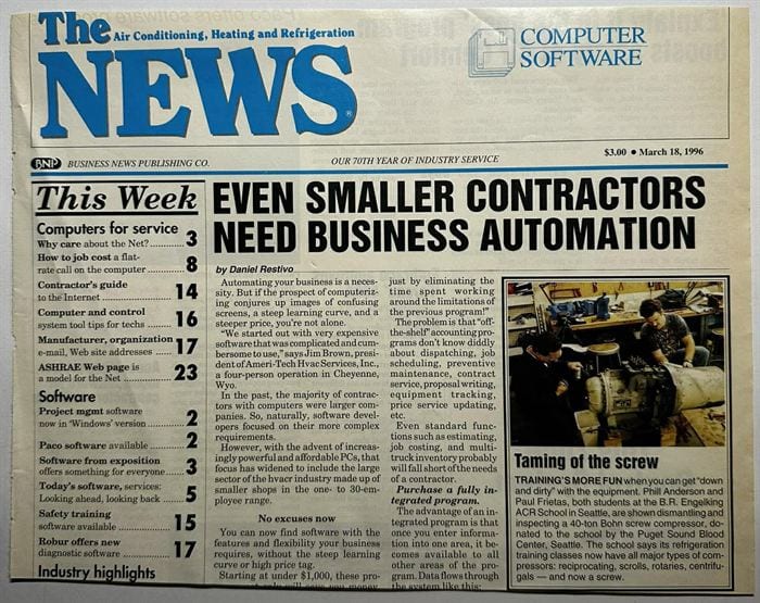 Front page of ACHR News featuring HVAC School in the mid-1990s