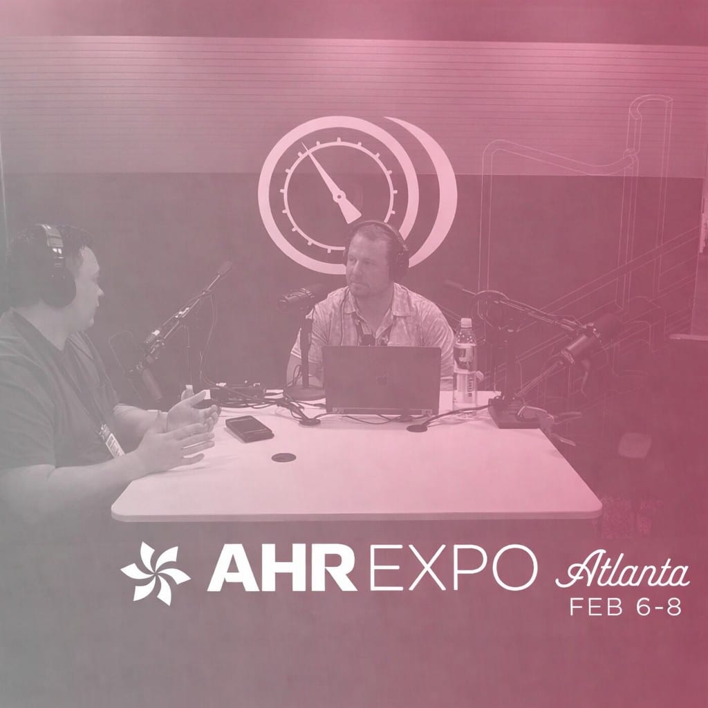 AHR Expo Atlanta promotional image with HVAC School podcast hosts at a recording table and AHR Expo Atlanta branding