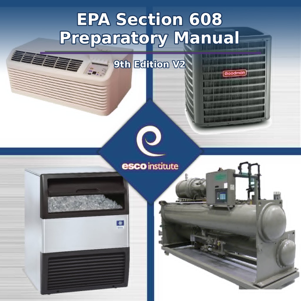 EPA Section 608 Preparatory Manual graphic with HVAC equipment used for testing seminar promotion